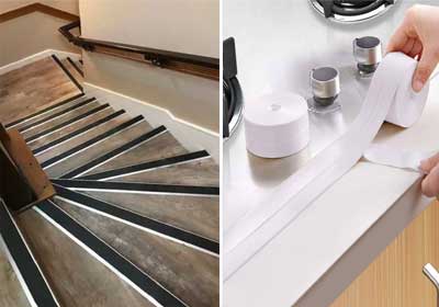 Flat lay of assorted DIY and home improvement accessories arranged neatly on a wooden surface