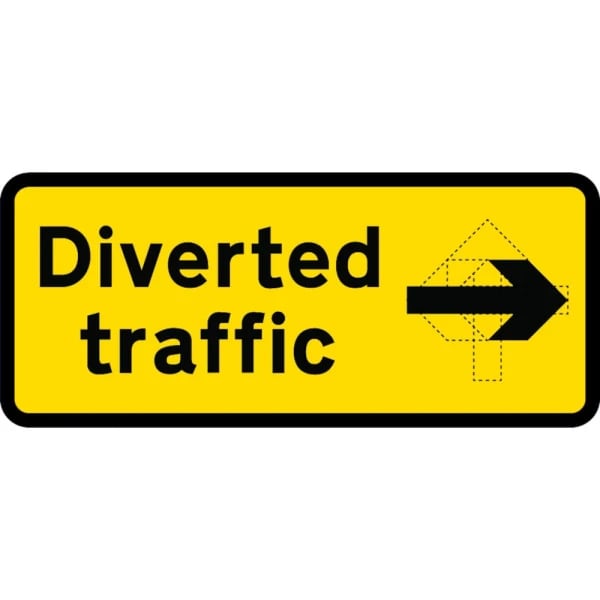 1050 x 450mm Diverted Traffic  - Black Plastic Sign