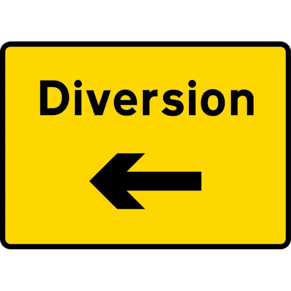 Yellow diversion notice with black left arrow and black border for roadworks traffic management