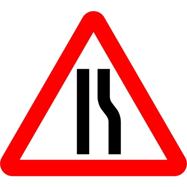 Road Narrows Right road safety warning sign, 750mm triangle, 2.5mm ABS with RA1 reflective face, 300mm or 450mm centres to suit Quick Fit frames