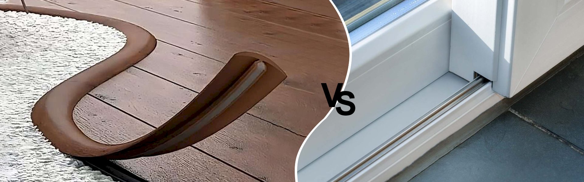 Close-up of aluminium and uPVC door thresholds side by side comparison