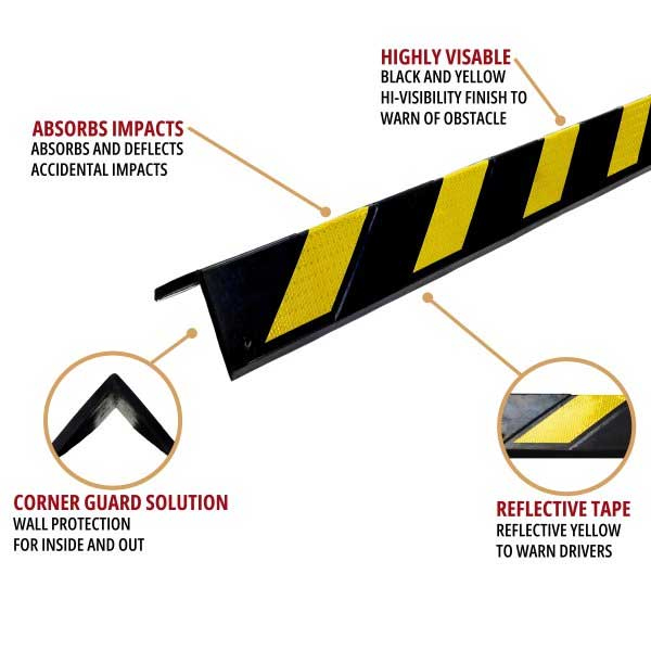 Black and yellow chevron rubber corner guard 800mm x 90mm fitted to a wall corner
