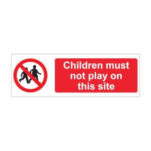 Red warning with crossed circle symbol of two running children telling them not to play on this site