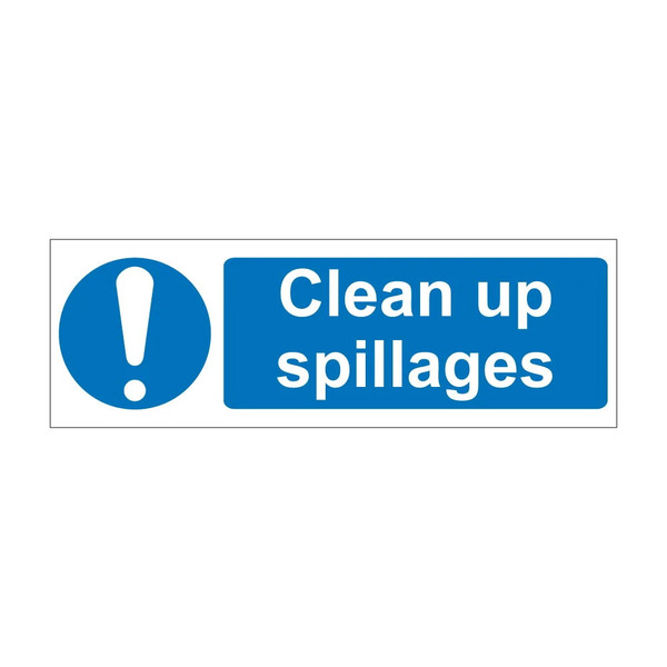 Clean Up Spillages blue mandatory notice with exclamation mark symbol, 1mm rigid plastic, 600mm x 200mm