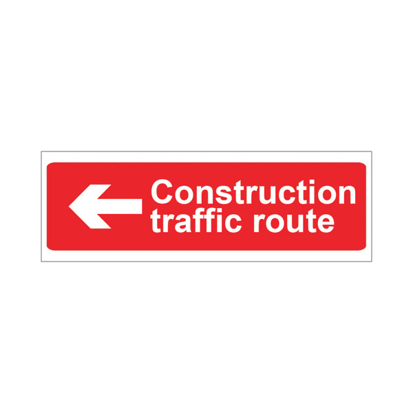 Construction Traffic Route sign with left arrow, 300mm x 100mm rigid plastic