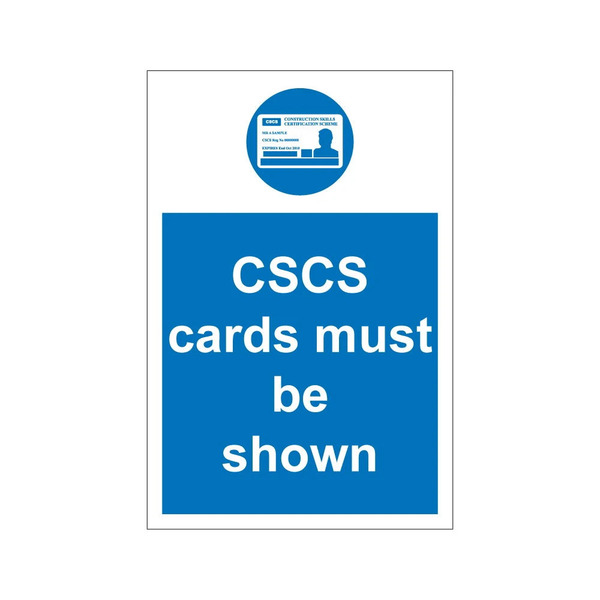 CSCS cards must be shown blue mandatory notice with CSCS card symbol, 1mm rigid plastic