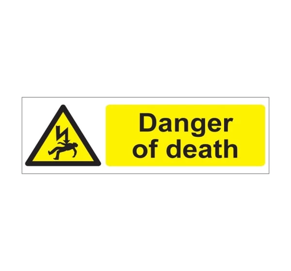Danger of death cables warning sign, 1mm rigid plastic, 600mm x 200mm landscape, black electrical symbol on yellow panel