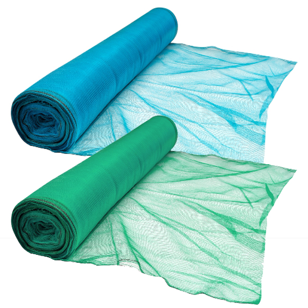 Blue and Green heavy duty plastic debris netting fitted to scaffolding on a construction site