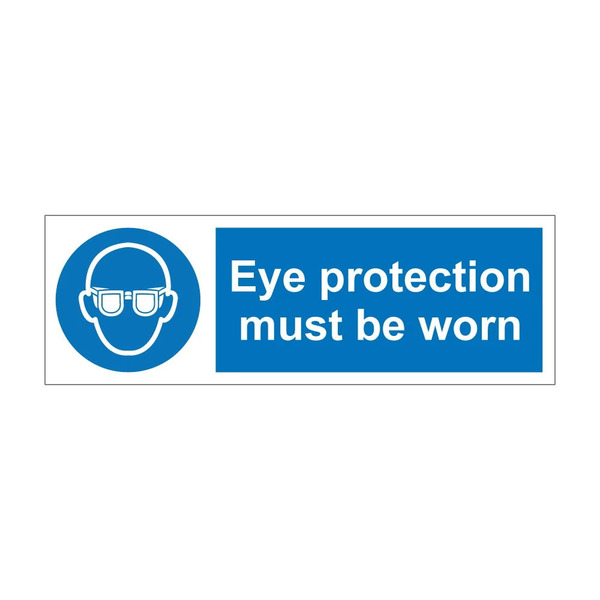 Eye Protection Must Be Worn blue mandatory notice with safety glasses symbol, 1mm rigid plastic, 300mm x 100mm landscape