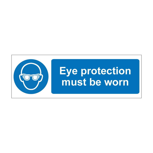 Eye Protection Must Be Worn blue mandatory notice with safety glasses symbol, 1mm rigid plastic, 600mm x 200mm landscape