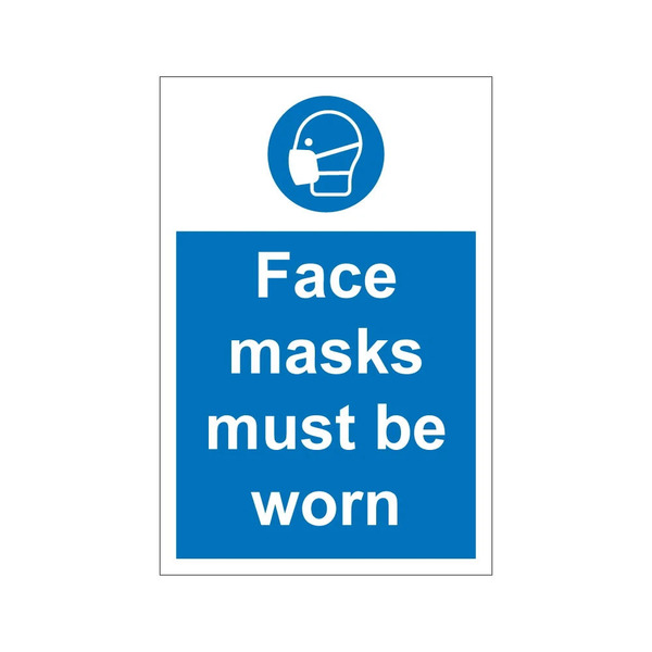Face masks must be worn blue mandatory notice with face mask symbol, 1mm rigid plastic, 200mm x 300mm