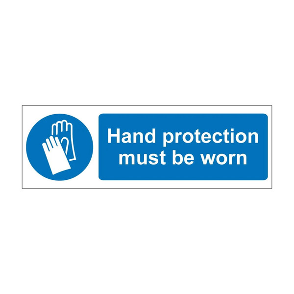 Hand protection must be worn blue mandatory notice with gloves symbol, 1mm rigid plastic, 600mm x 200mm