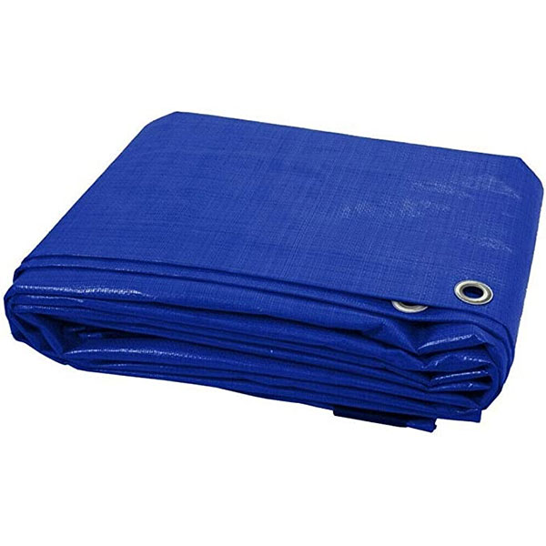 Blue 90gsm waterproof tarpaulin with reinforced edges covering garden furniture