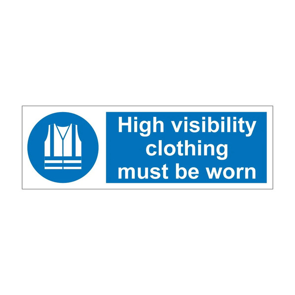 High visibility clothing must be worn blue mandatory notice with hi-vis vest symbol, self adhesive vinyl, 300mm x 100mm