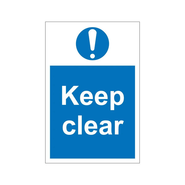 Keep clear blue mandatory notice with exclamation mark symbol, 1mm rigid plastic, 200mm x 300mm