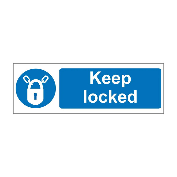 Keep Locked blue mandatory notice with padlock and chain symbol, 1mm rigid plastic, 600mm x 200mm