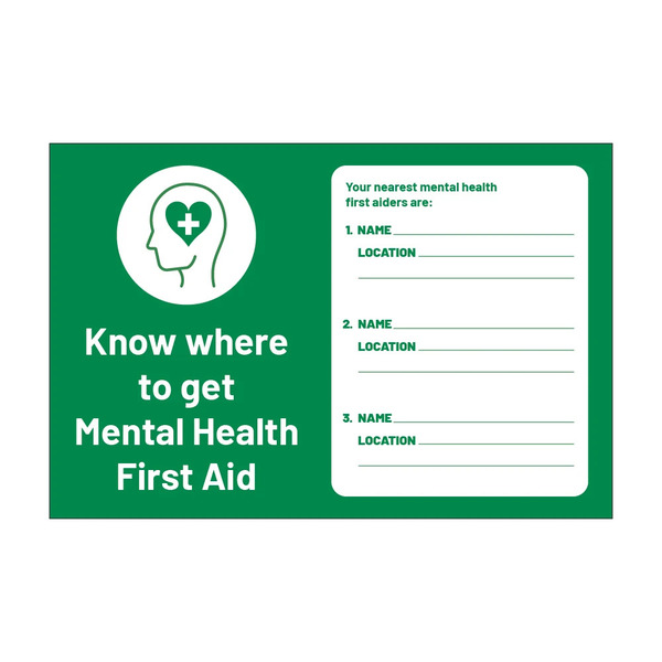 Know where to get mental health first aid green notice with head and heart symbol and write-on first aider panel, 1mm rigid plastic, 300mm x 200mm