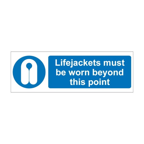 Lifejackets must be worn beyond this point blue mandatory notice with lifejacket symbol, 1mm rigid plastic, 600mm x 200mm