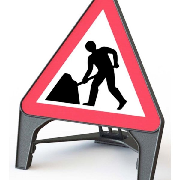 Melba Q Sign Men at Work road safety sign, 750mm x 60mm, stackable recycled polypropylene with angled wind resistant face for temporary roadworks site