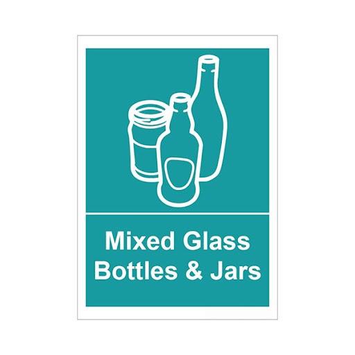 Mixed Glass sticker 75mm x 105mm and 210mm x 148mm green and white self adhesive vinyl with bottle and jar symbols for recycling bins