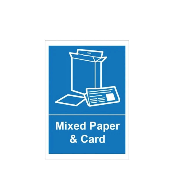 Mixed paper and card self adhesive sticker 210mm x 148mm and 75mm x 105mm with cardboard box, newspaper and paper images for recycling and waste bins.