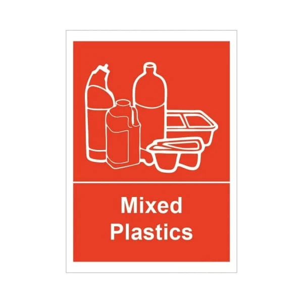 Mixed Plastics sticker 75mm x 105mm and 210mm x 148mm red and white self adhesive vinyl with bottle and tray symbols for recycling bins