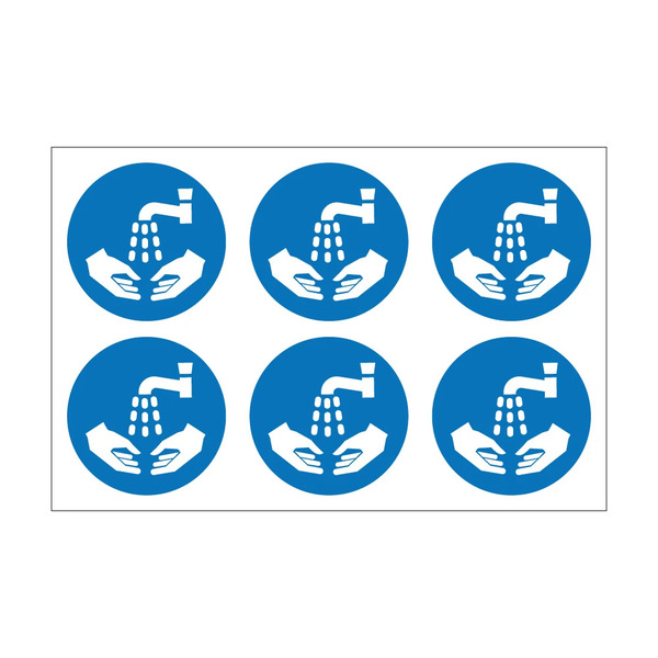 Now wash your hands blue mandatory hand washing symbol sticker, self adhesive vinyl, 100mm diameter