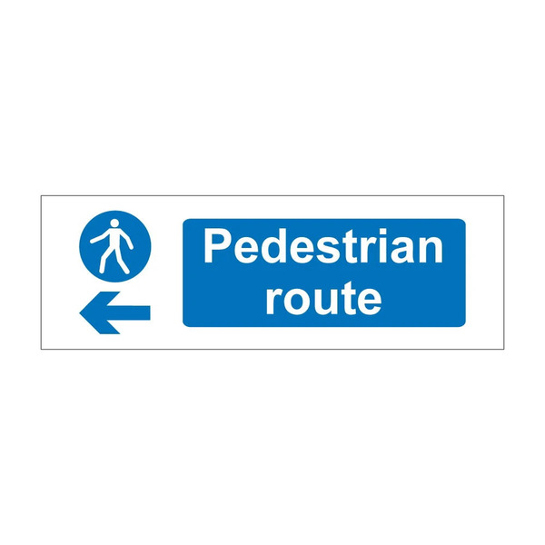 Pedestrian route sign with white walking figure in blue circle and left arrow, 1mm rigid plastic