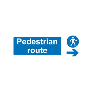 Pedestrian route sign with white walking figure in blue circle and right arrow, 1mm rigid plastic