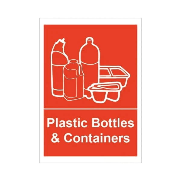 Plastic Bottles and Containers sticker 75mm x 105mm and 210mm x 148mm red and white self adhesive vinyl with bottle symbols for recycling bins