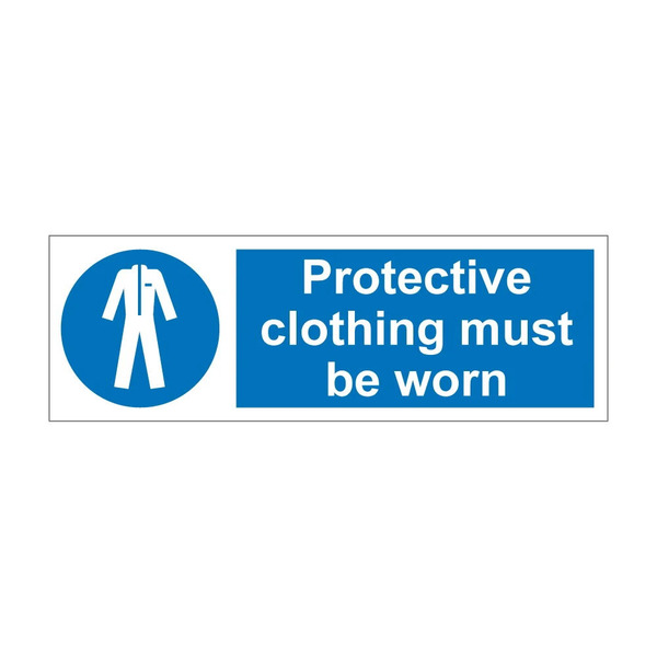 Blue mandatory notice with exclamation mark telling people protective clothing must be worn