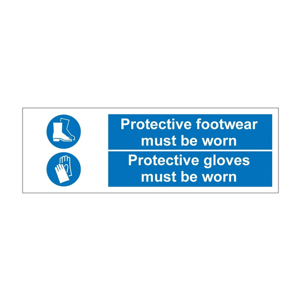 Protective footwear and gloves must be worn blue mandatory notice with safety boots and gloves symbols, self adhesive vinyl, 600mm x 200mm - 300mm x 100mm