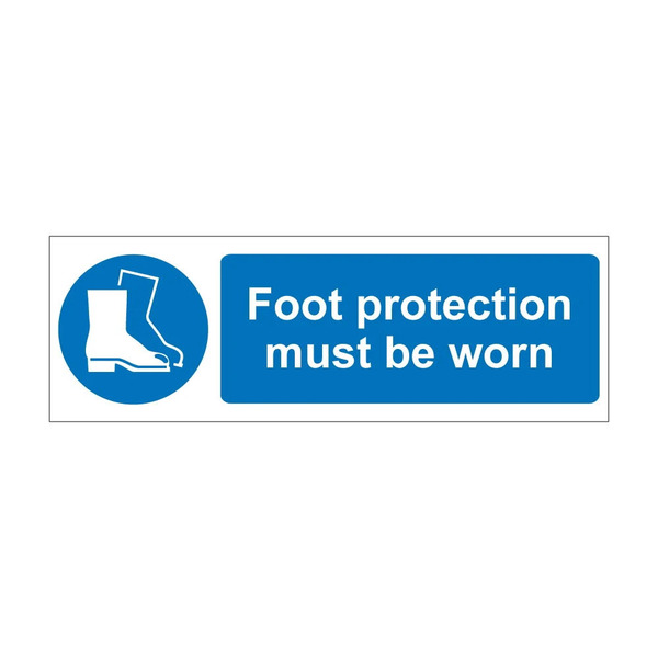 Protective footwear must be worn blue mandatory notice with safety boots symbol, 300mm x 100mm