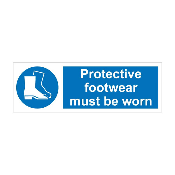 Protective footwear must be worn blue mandatory notice with safety boots symbol 600mm x 200mm