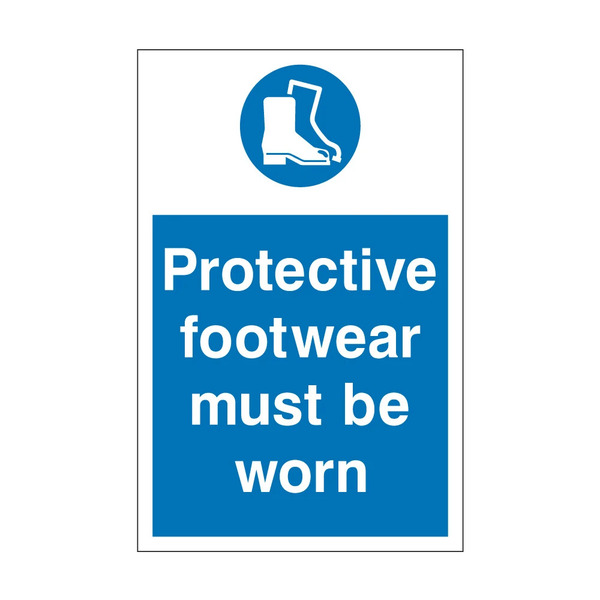 Protective footwear must be worn blue mandatory notice with safety boots symbol, 200mm x 300mm