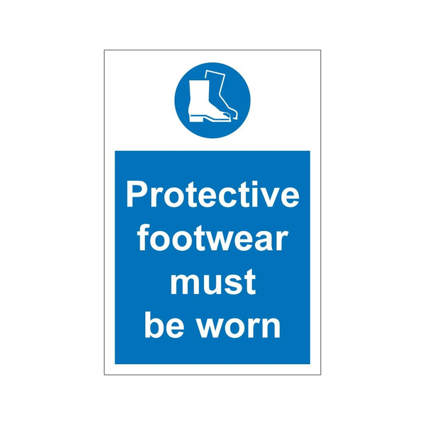 Blue mandatory notice with safety boots symbol telling people protective footwear must be worn