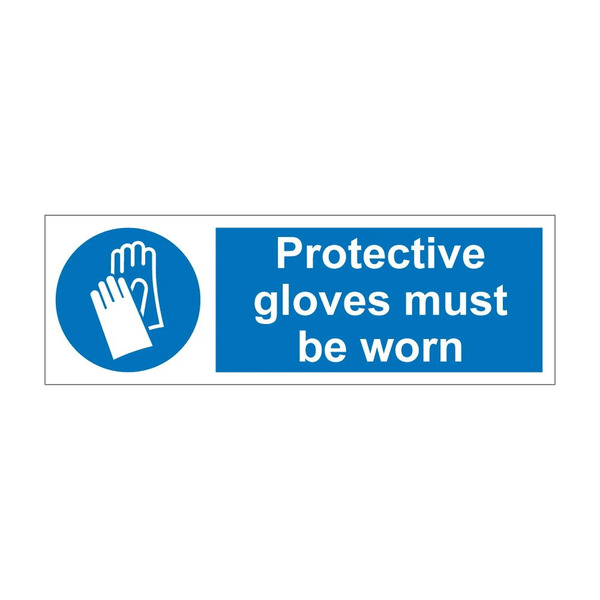 Self adhesive vinyl protective gloves must be worn sign, 200mm x 300mm, fixed to a workshop wall