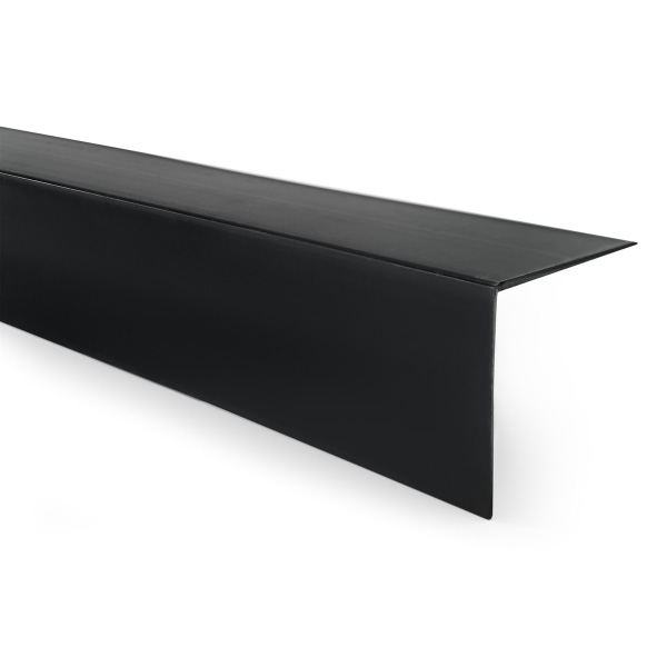 Black 90 degree PVC wall corner guard, durable 1.6mm thick edge trim that is easy to clean, shown on a plastered corner in a hallway