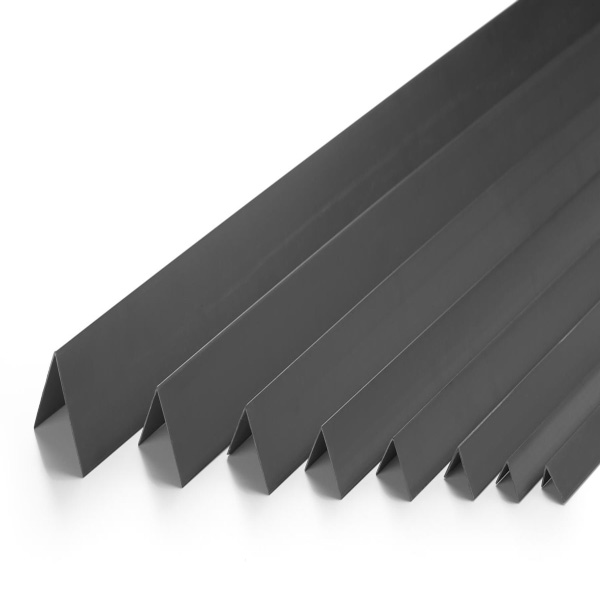 Black PVC plastic edge corner protective profile, 90 degree angle, 1m long, fitted to an external wall corner to protect it from knocks and scratches