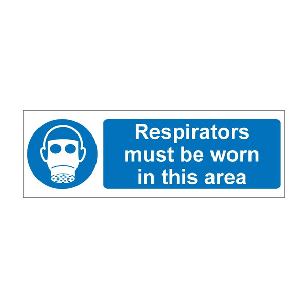 Respirators must be worn in this area blue mandatory notice with respirator symbol, 1mm rigid plastic, 600mm x 200mm