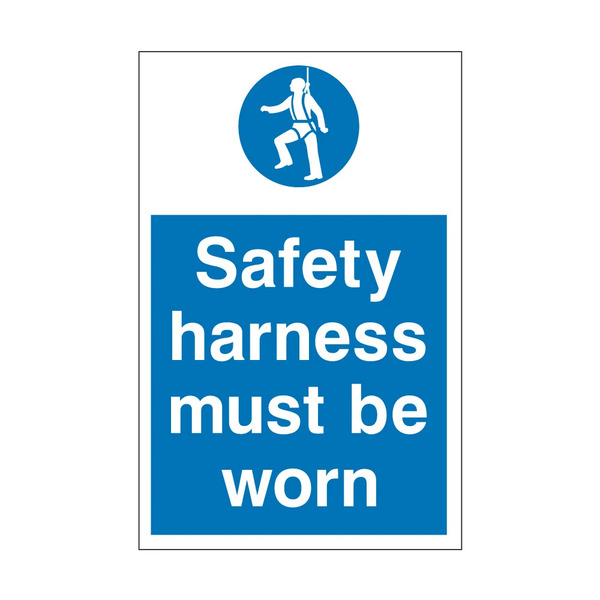 Blue mandatory Safety Harness Must Be Worn sign with white text and harness symbol