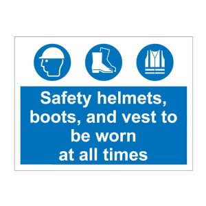 Workplace Safety Sign – Helmets, Boots and Vests Must Be Worn, 1mm Rigid Plastic, 600x450mm