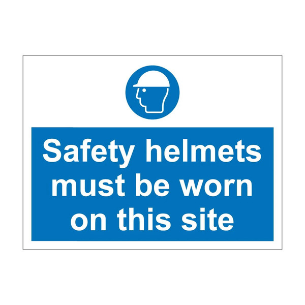 Safety helmets must be worn on this site blue mandatory notice with hard hat symbol, 1mm rigid plastic, 600mm x 450mm