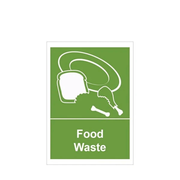 Food waste self adhesive sticker 75mm x 105mm and 210mm x 148mm with white apple core graphic and recycling arrow symbol for bins, caddies, kitchens and canteens
