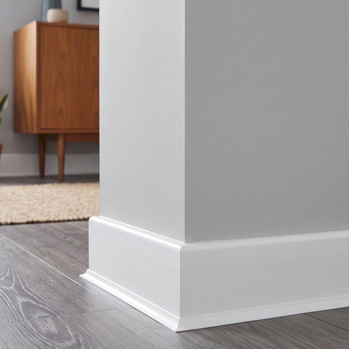 Flexible white PVC skirting board fitted along the wall and floor joint in a modern room