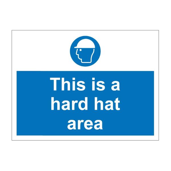 This is a hard hat area sign with hard hat symbol on blue background, 1mm rigid plastic