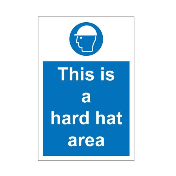 This is a hard hat area sign with hard hat symbol on blue background, 1mm rigid plastic