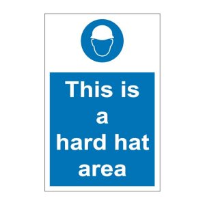 This is a hard hat area sign with hard hat symbol on blue background, 1mm rigid plastic