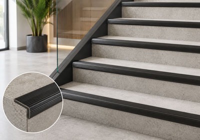 Anti-slip stair nosing fitted to indoor staircase for safer steps