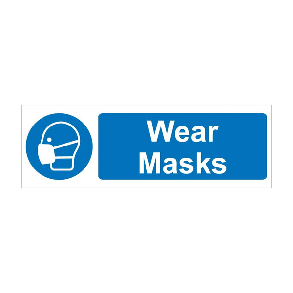 Wear masks blue mandatory notice with face mask symbol, 1mm rigid plastic, 600mm x 200mm